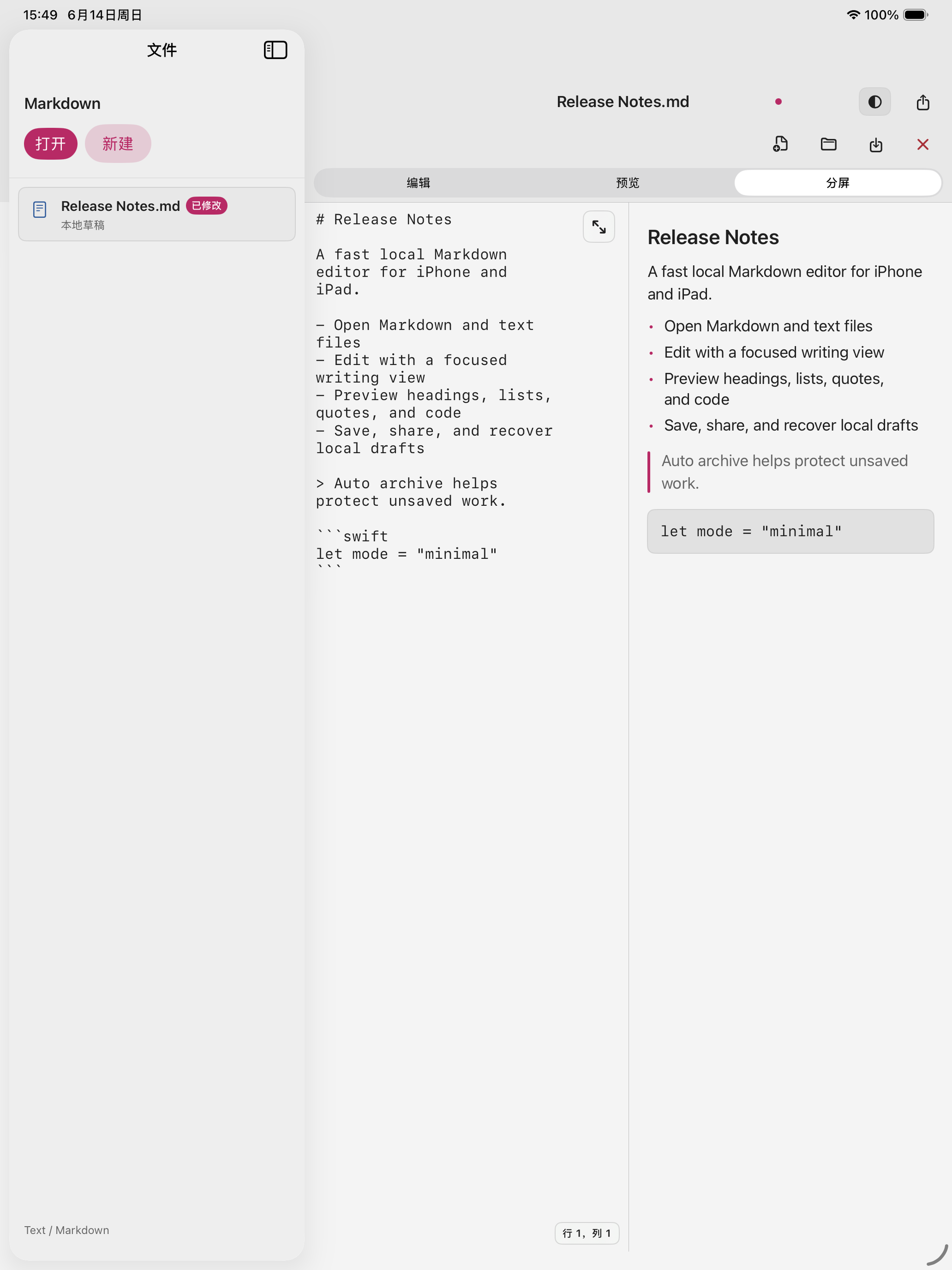 Markdown 在 iPad 上的编辑和预览分屏界面